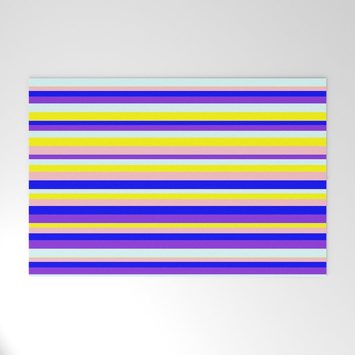 Eyecatching Pink, Blue, Purple, Light Cyan & Yellow Colored Striped Pattern Welcome Mat