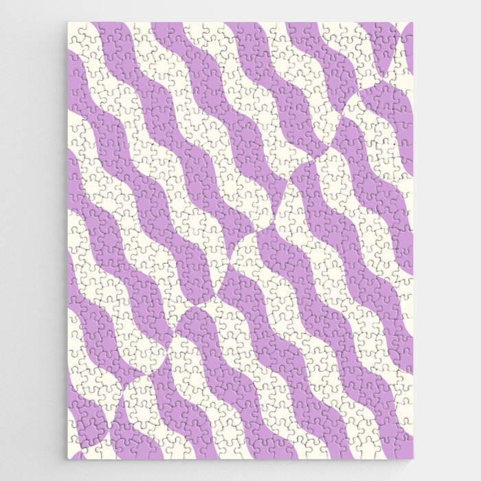 Retro Wavy Abstract Swirl Lines in Lavender Purple & White Jigsaw Puzzle