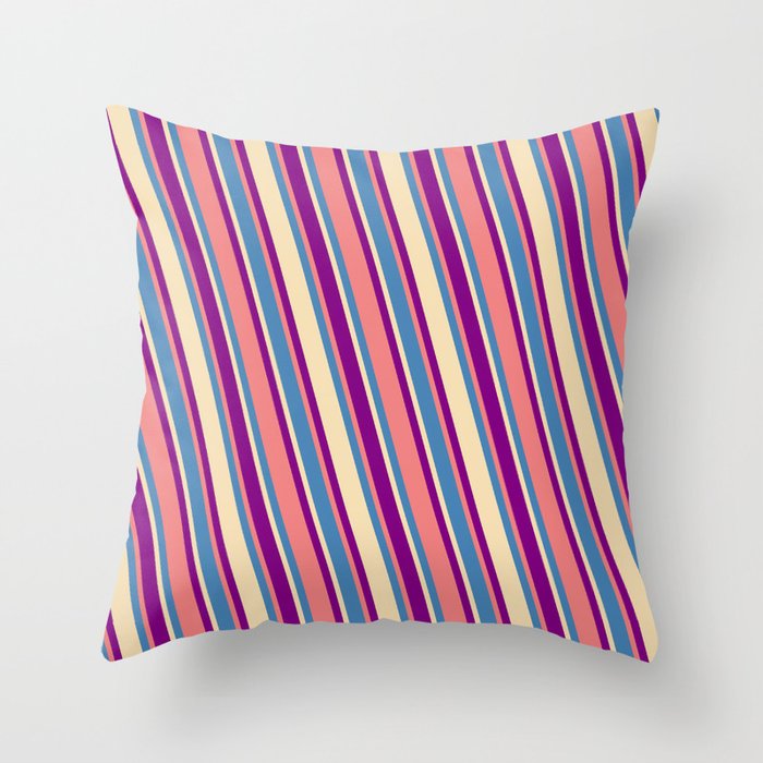 Blue, Tan, Purple & Light Coral Colored Pattern of Stripes Throw Pillow
