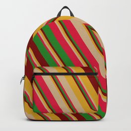 [ Thumbnail: Colorful Goldenrod, Tan, Crimson, Forest Green & Maroon Colored Striped/Lined Pattern Backpack ]