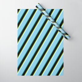 [ Thumbnail: Eye-catching Green, Light Cyan, Sky Blue, Teal & Black Colored Stripes/Lines Pattern Wrapping Paper ]