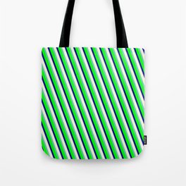 [ Thumbnail: Aquamarine, Lime, Dark Blue & Beige Colored Lined/Striped Pattern Tote Bag ]