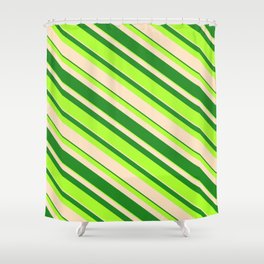 [ Thumbnail: Forest Green, Light Green, and Bisque Colored Striped/Lined Pattern Shower Curtain ]