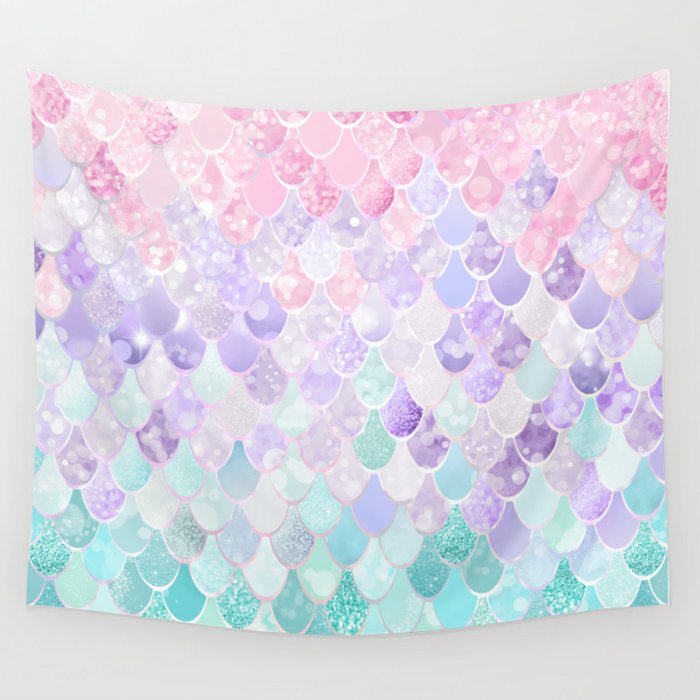 Cute Mermaid Pattern, Light Pink, Purple, Teal Wall Tapestry