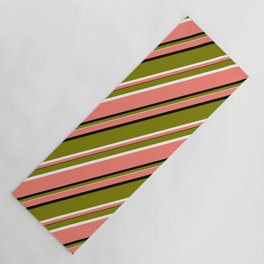 [ Thumbnail: Salmon, Black, Green, and White Colored Lines Pattern Yoga Mat ]