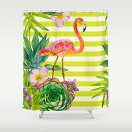 seamless pattern with pink flamingo and exotic tropical plants on a striped background Shower Curtain