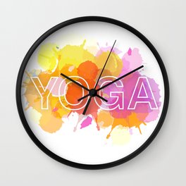 YOGA typography short quote in colorful watercolor paint splatter warm scheme Wall Clock