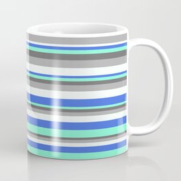 [ Thumbnail: Colorful Royal Blue, Aquamarine, Dim Grey, Dark Grey & Mint Cream Colored Lined/Striped Pattern Coffee Mug ]