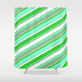 [ Thumbnail: Aquamarine, Dark Sea Green, Mint Cream & Lime Green Colored Lined Pattern Shower Curtain ]