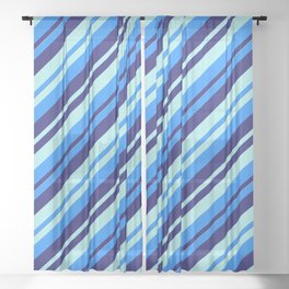 [ Thumbnail: Blue, Midnight Blue, and Turquoise Colored Lined/Striped Pattern Sheer Curtain ]