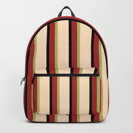 [ Thumbnail: Brown, Dark Khaki, Bisque, and Black Colored Lined/Striped Pattern Backpack ]