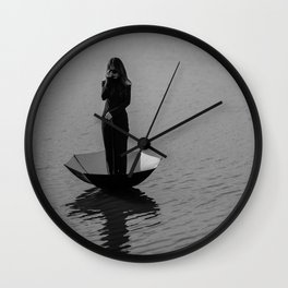 Sail Away; a girl on her umbrella riverscape liberation black and white photograph - photography - photographs Wall Clock