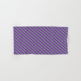 [ Thumbnail: Colorful Green, Dark Violet, Indigo, Lavender, and Black Colored Lines/Stripes Pattern Hand & Bath Towel ]