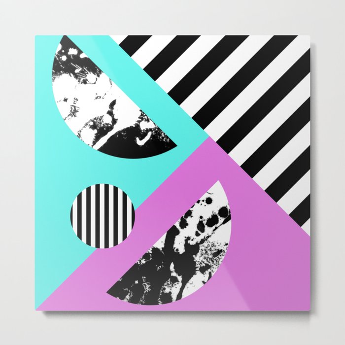 Stripes And Splats 2 - Random, Crazy, Abstract, Geometric, Black And White, Cyan, Pink Artwork Metal Print