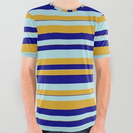 [ Thumbnail: Powder Blue, Goldenrod, and Blue Colored Striped Pattern All Over Graphic Tee ]
