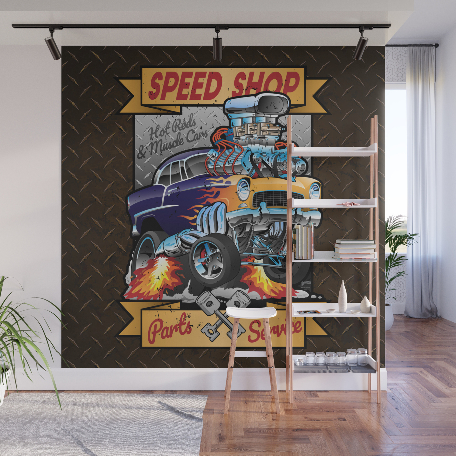 Speed Shop Hot Rod Muscle Car Parts And Service Vintage Cartoon