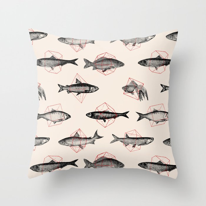 Fishes In Geometrics (Red) Throw Pillow