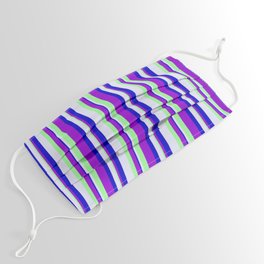 [ Thumbnail: Lavender, Green, Dark Violet, and Blue Colored Lined/Striped Pattern Face Mask ]