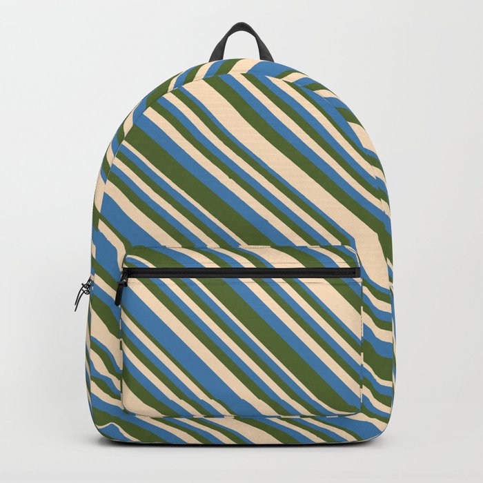 Bisque, Blue, and Dark Olive Green Colored Lines/Stripes Pattern Backpack