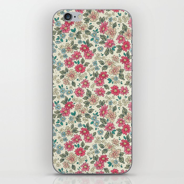 Vintage floral background. Floral pattern with small pastel color flowers on a light gray-green background. Seamless pattern. Ditsy style. Stock vintage illustration.  iPhone Skin