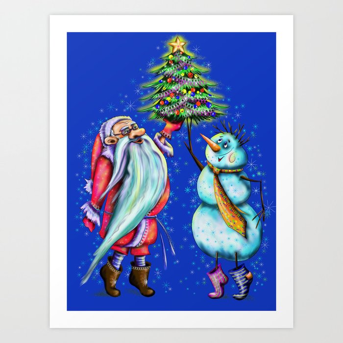 Santa Claus and Snowman are decorating the Christmas tree Art Print