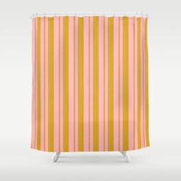 [ Thumbnail: Goldenrod & Light Pink Colored Lined Pattern Shower Curtain ]