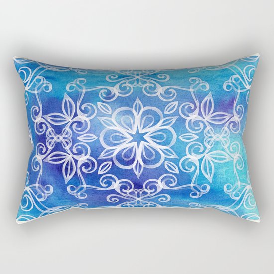 White Floral Painted Pattern on Blue Watercolor Rectangular Pillow