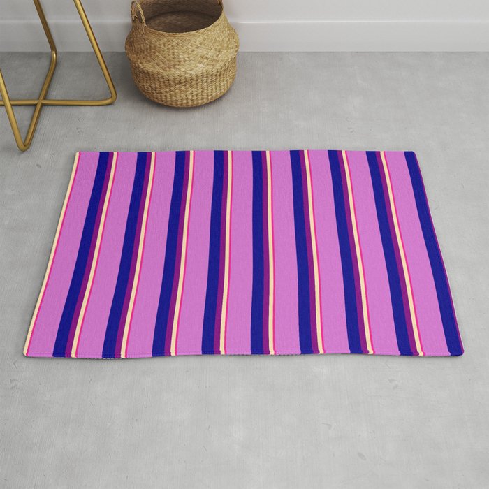 Deep Pink, Beige, Purple, Dark Blue, and Orchid Colored Stripes Pattern Rug
