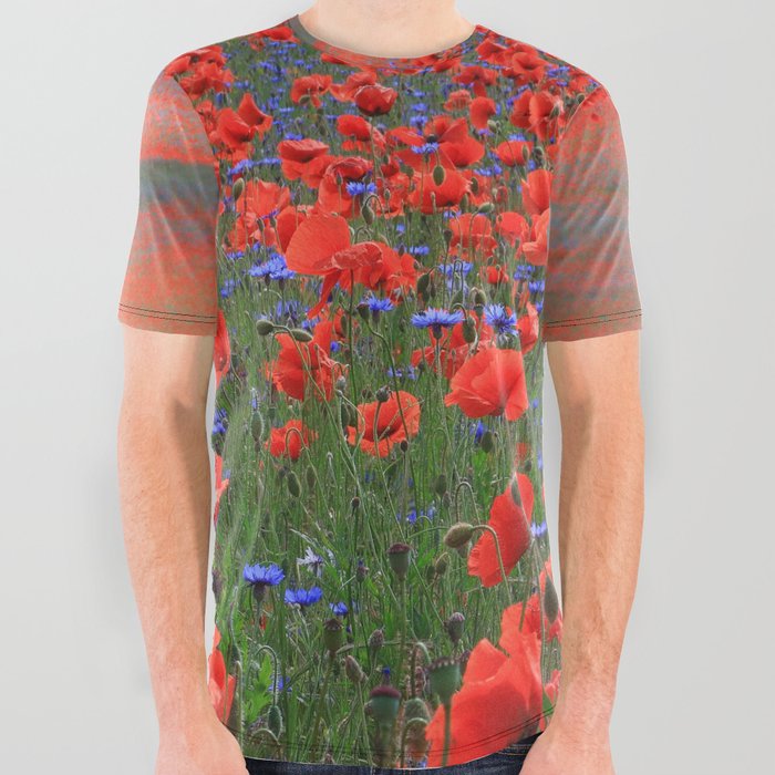 Red Poppies All Around All Over Graphic Tee