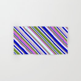 [ Thumbnail: Colorful Light Grey, Green, Orchid, Light Cyan, and Blue Colored Lined/Striped Pattern Hand & Bath Towel ]