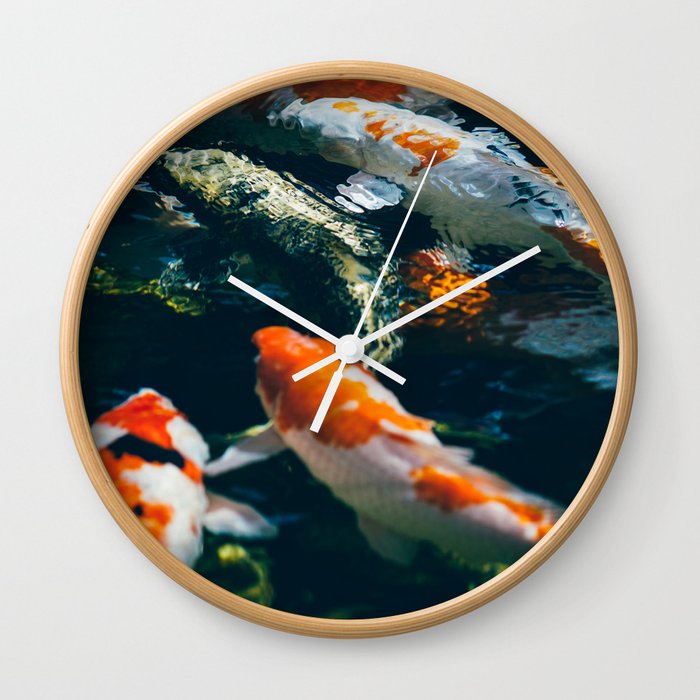 Koi Fish In Water | Japanese Aquatic Nature Photography | Blue Pond Wall Clock