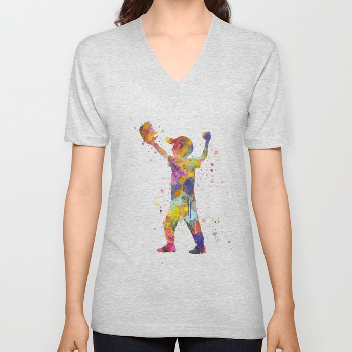 Boy plays baseball in watercolor V Neck T Shirt