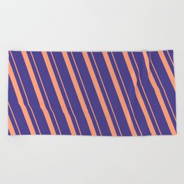 [ Thumbnail: Light Salmon and Dark Slate Blue Colored Lines/Stripes Pattern Beach Towel ]