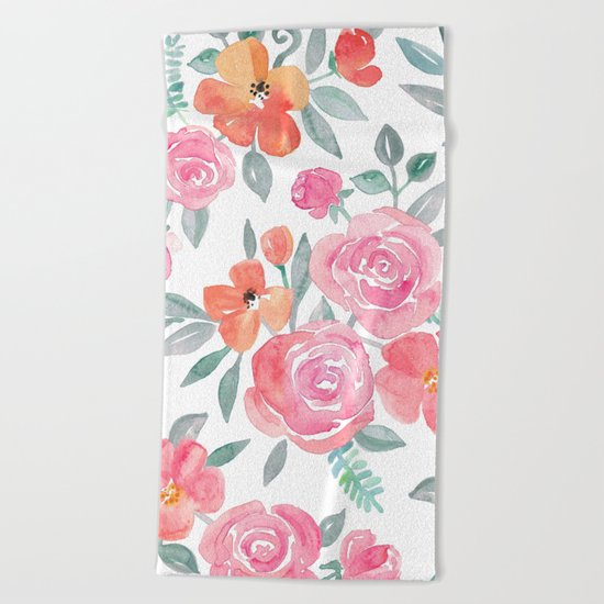 Amelia Floral in Pink and Peach Watercolor Beach Towel