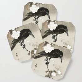 Raven on Cherry tree - Japanese vintage woodblock print Coaster
