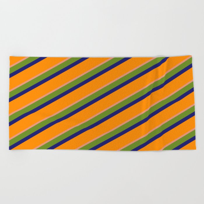 Green, Midnight Blue, Dark Orange & Dark Salmon Colored Lines/Stripes Pattern Beach Towel