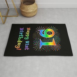 [ Thumbnail: 91st Birthday - Fun Rainbow Spectrum Gradient Pattern Text, Bursting Fireworks Inspired Background Rug ]