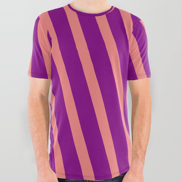 Light Coral and Purple Colored Lined Pattern All Over Graphic Tee