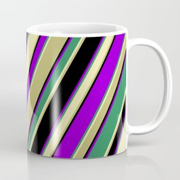 [ Thumbnail: Colorful Sea Green, Pale Goldenrod, Dark Khaki, Black & Dark Violet Colored Lined Pattern Coffee Mug ]