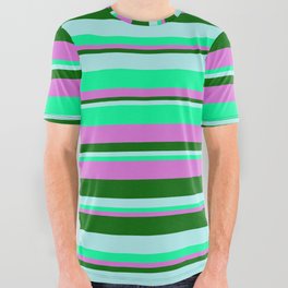 [ Thumbnail: Turquoise, Green, Orchid & Dark Green Colored Striped/Lined Pattern All Over Graphic Tee ]