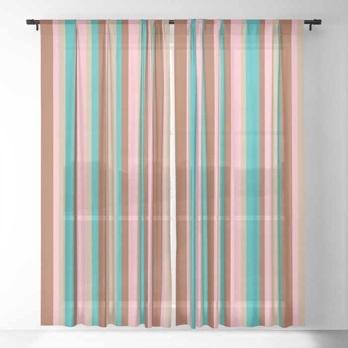 Sienna, Light Sea Green, Tan & Light Pink Colored Stripes Pattern Sheer Curtain