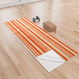 [ Thumbnail: Red and Beige Colored Lined Pattern Yoga Towel ]
