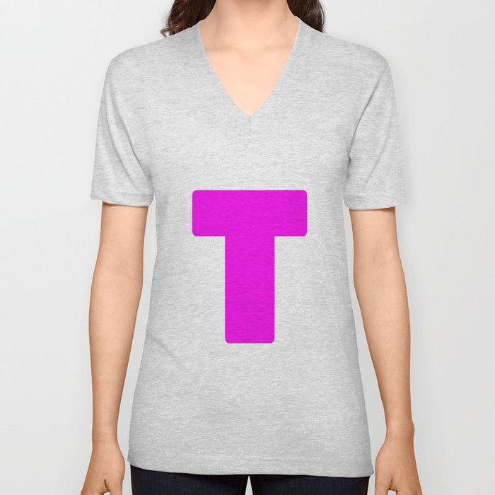 T (Magenta & White Letter) V Neck T Shirt