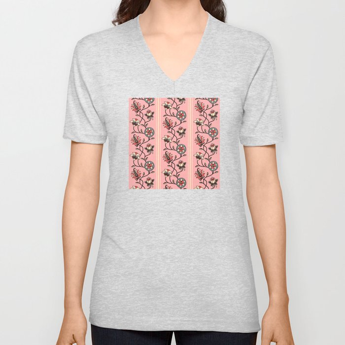 Whimsical Indian floral striped chintz pink V Neck T Shirt