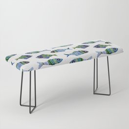 Marine riso fish linen pattern. Modern washed out coastal cottage sea life rustic beach style design Bench