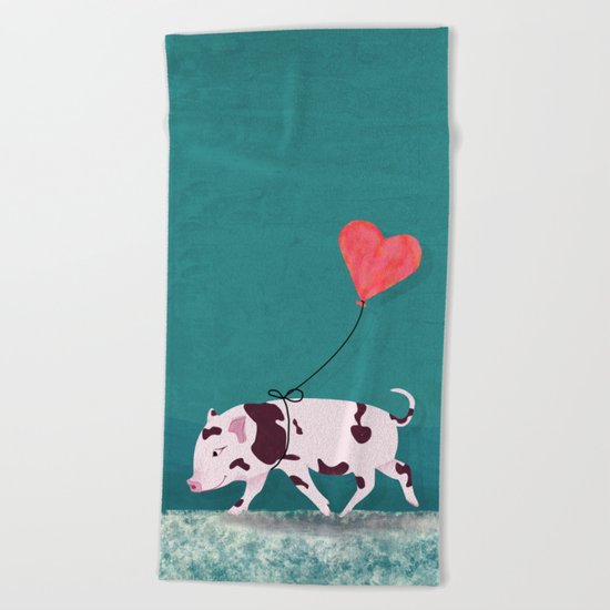 Baby Pig With Heart Balloon Beach Towel