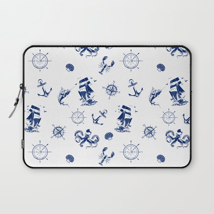 Blue Silhouettes Of Vintage Nautical Pattern Laptop Sleeve