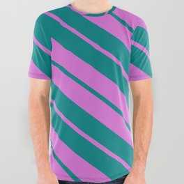 [ Thumbnail: Orchid & Teal Colored Lines Pattern All Over Graphic Tee ]