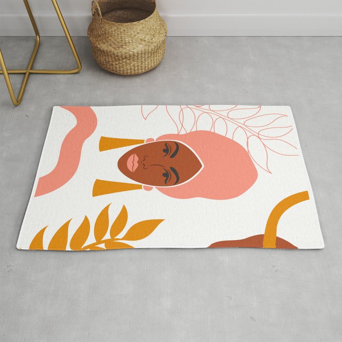 Beautiful afro women in a flat and line art style. On white background.  Rug