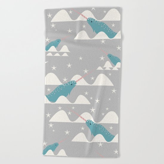 narwhal in ocean grey Beach Towel